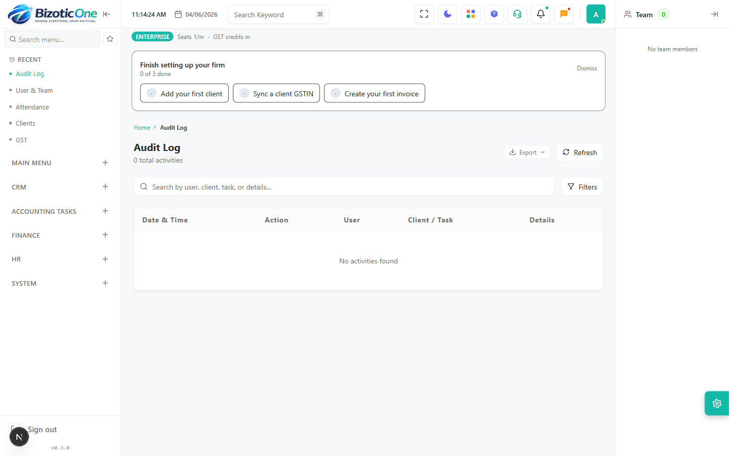 Audit log of system activity inside Bizotic One