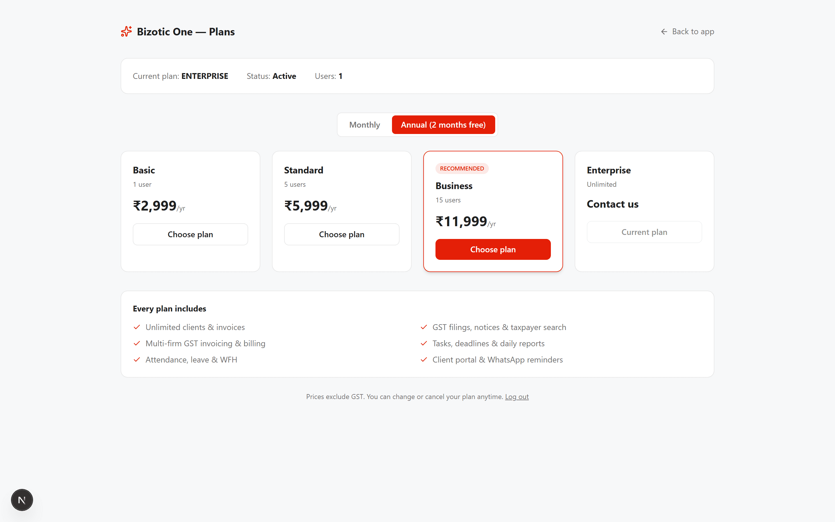 Bizotic One product screen