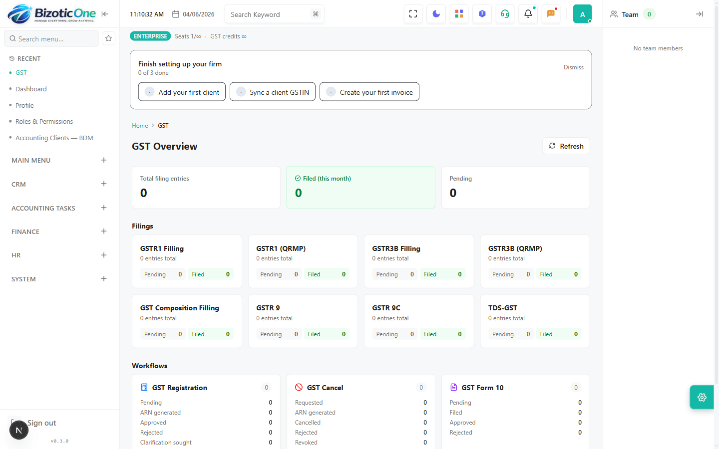 GST filings overview inside Bizotic One
